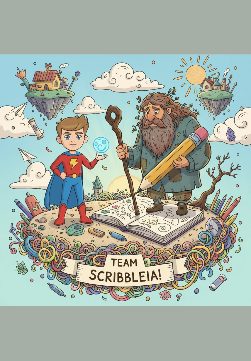 Together, Leo and the giant color the final sunset, painting the sky with magnificent streaks of violet, gold, and crimson. The magic of their shared creativity restores the Great Palette, and the entire world of Scribbleia erupts into a symphony of color.