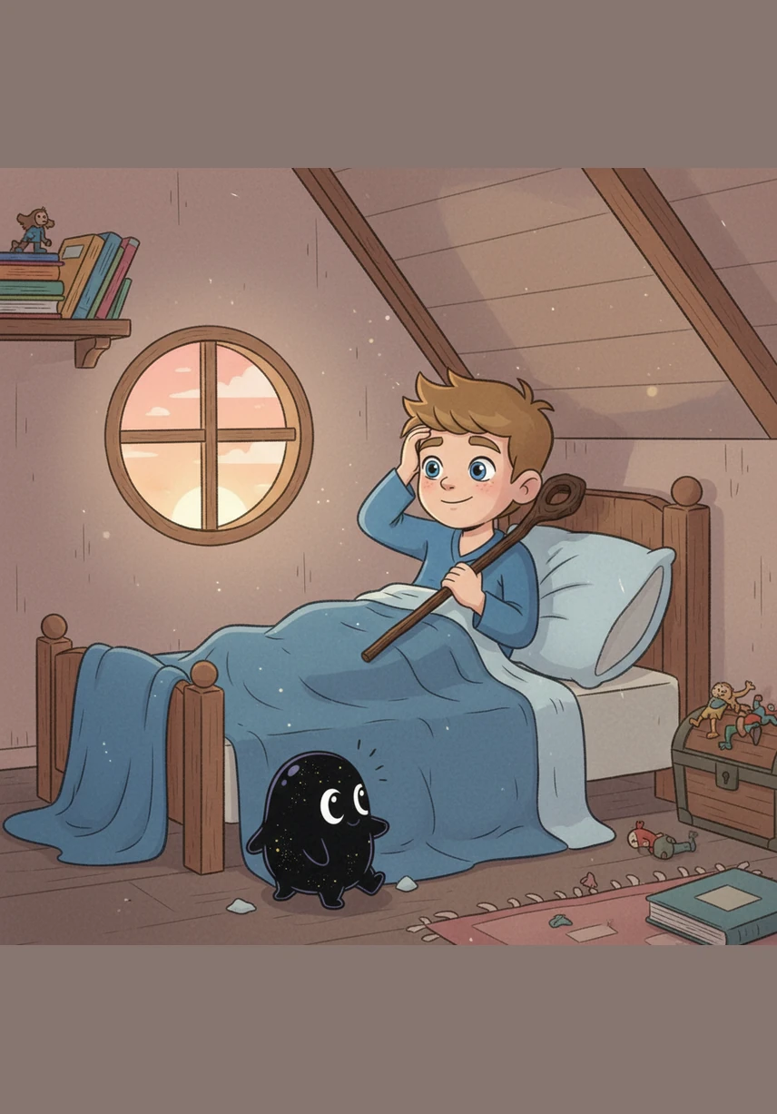 Leo wakes up back in the attic, holding his finished coloring book tightly against his chest. Though he is home, his crayons now glow with a faint, magical light, reminding him that he has the power to bring color to any world he imagines.