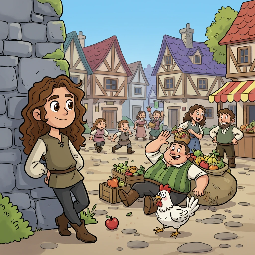 Inn, looking like a human boy with long, curly brown hair, leaned against a mossy stone wall, observing the bustling village square. A faint, almost imperceptible smirk played on their lips as they watched a clumsy merchant trip over a stray chicken, muttering, “Humans, always so… predictable in their chaos.”
