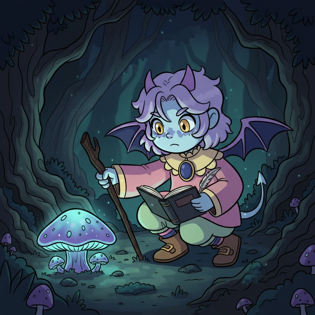 Deep within a secluded grove, Inn poked a pulsating, bioluminescent mushroom with a stick, its eerie glow casting strange shadows on their face. "Fascinating," they muttered, jotting down notes in their personal journal. "It appears to be mildly sentient and incredibly dramatic, much like certain family members."