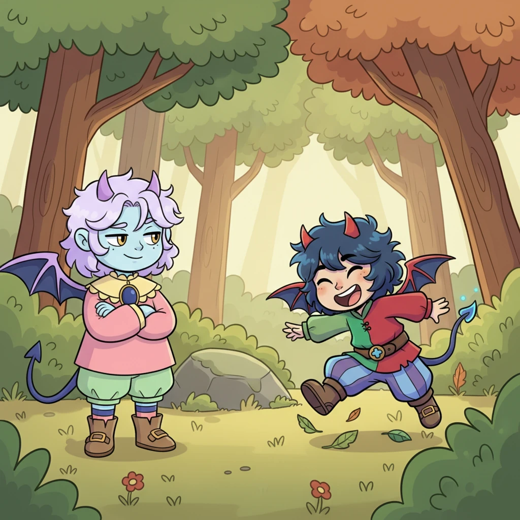 Suddenly, a burst of energetic laughter echoed through the trees as Ashy, Inn's younger brother, tumbled into the clearing. "Inn! What marvel have you unearthed today?" he exclaimed, his eyes wide with innocent curiosity. Inn simply rolled their eyes, a fond smile quickly replacing their usual deadpan expression.