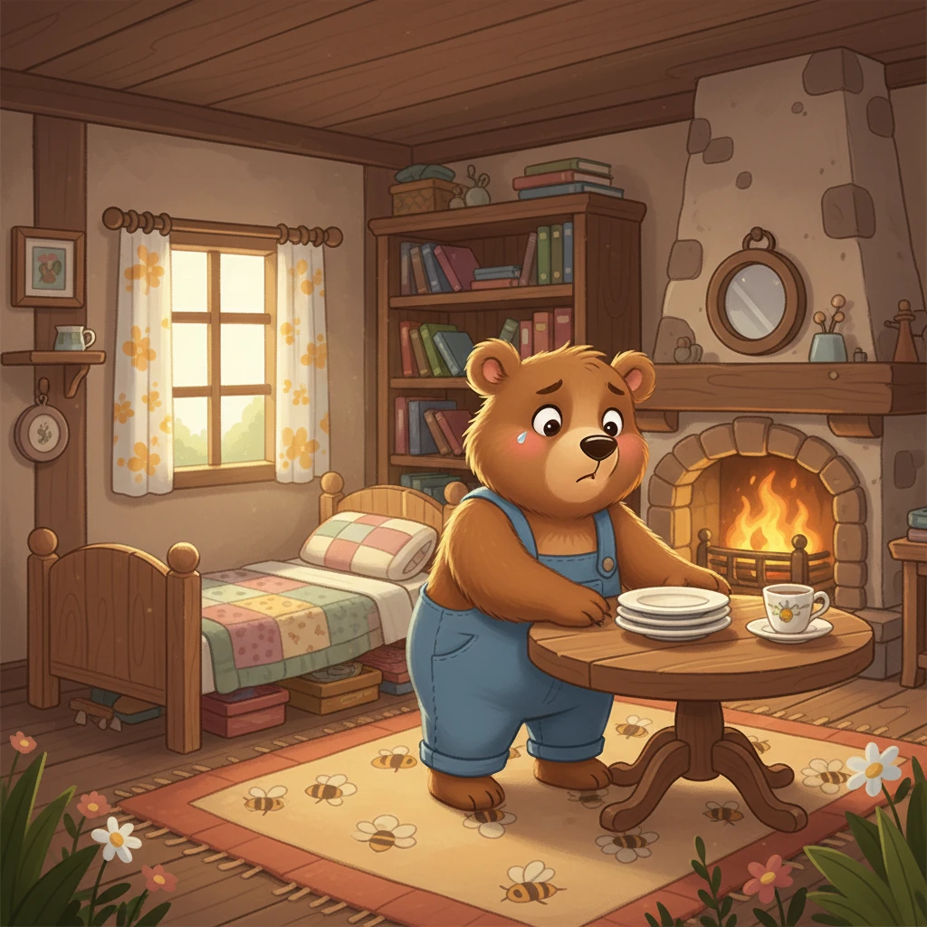 Na sua casinha aconchegante, Beny procura em todos os cantos. Ele olha em cima da mesa, embaixo da cama, mas o mel não está lá. Uma pequena lágrima escorre em sua bochecha.