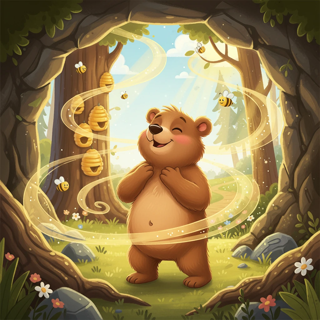 De repente, Beny sente um cheiro delicioso no ar. Ele fecha os olhos e inspira profundamente, sentindo o aroma do mel, doce e convidativo. "O mel está perto!" exclama Beny, animado.