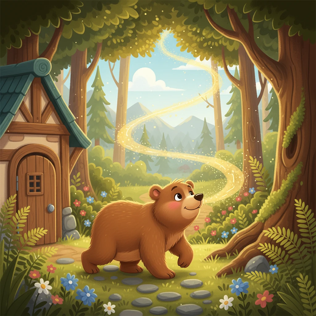 Beny segue o cheirinho, que o leva para fora da casa, adentrando a floresta. Ele anda por entre as árvores e flores, guiado pelo aroma irresistível que o atrai cada vez mais.