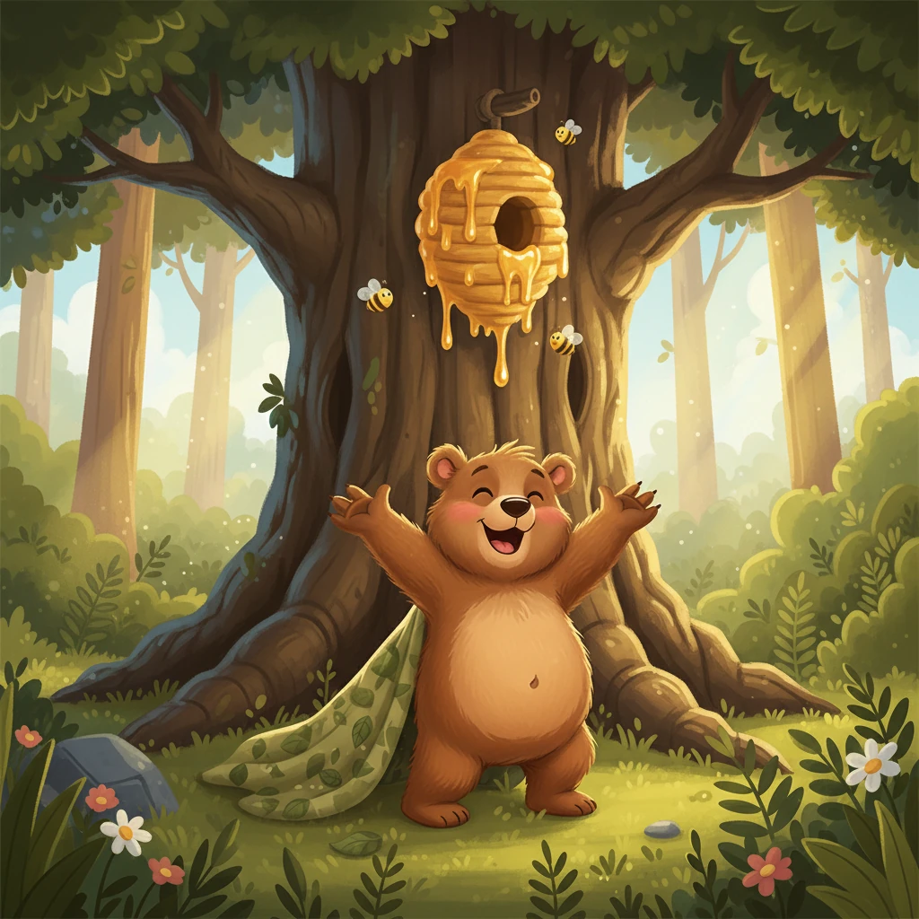 Após uma pequena jornada, Beny chega a uma árvore imensa. Lá, bem no alto, ele avista uma colmeia cheia de mel. Seus olhos brilham de alegria, e ele sabe que encontrou o tesouro!