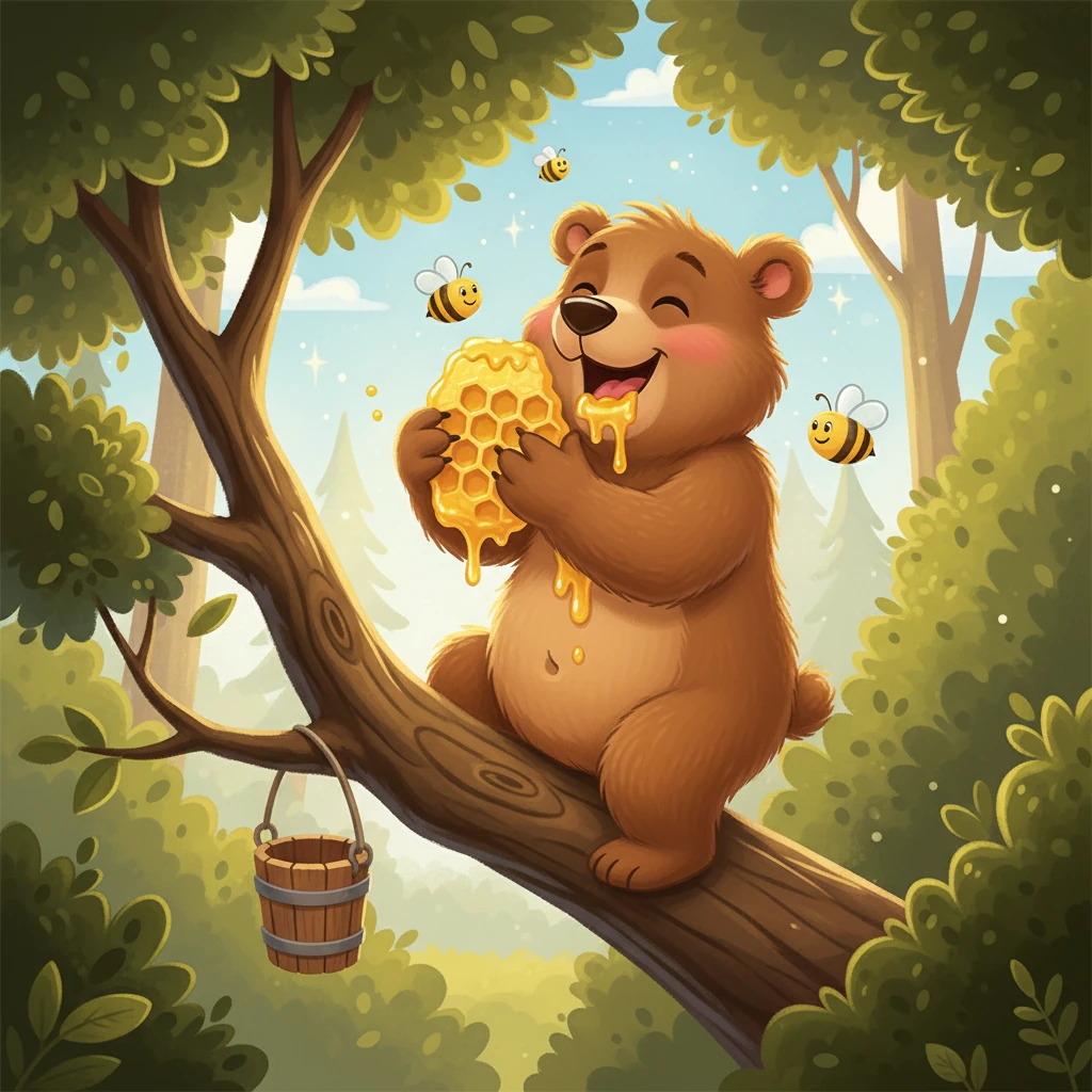 Com cuidado, Beny sobe na árvore e saboreia o mel. Ele se delicia com cada gota, sentindo a doçura que o deixa feliz e satisfeito. Beny sabe que a busca valeu a pena!