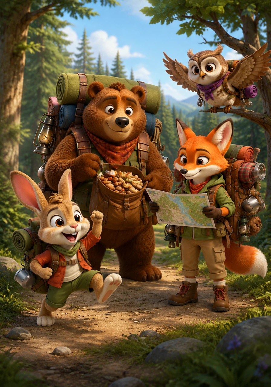 Benny the bear, Lucy the fox, Milo the rabbit, and Olive the owl gather at the edge of the forest with their backpacks overflowing with gear. Milo hops with excitement while Lucy double-checks their colorful map, and Benny makes sure they have enough snacks for the long journey ahead.