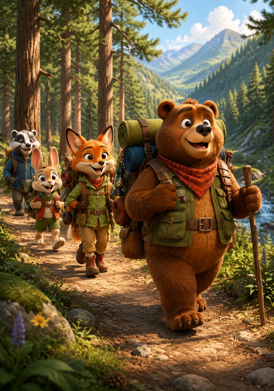 The four friends hike down a sun-dappled trail where the trees grow tall and the air smells like fresh pine. Benny leads the way with a sturdy walking stick, and they all sing a happy marching song that echoes through the green valley.