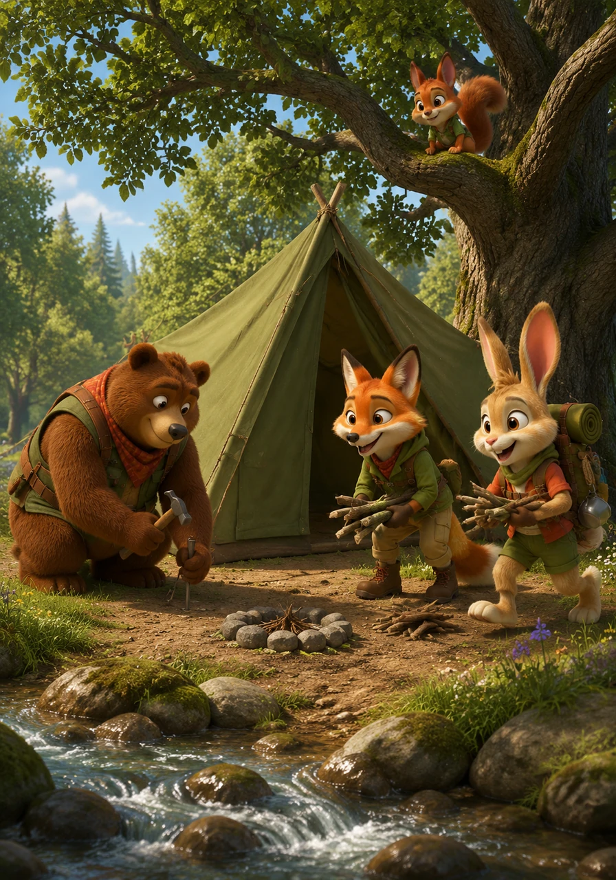 They find a perfect clearing near a bubbling brook and work together to pitch their big green tent under the shade of an ancient oak tree. While Benny hammers in the stakes, Lucy and Milo gather dry wood for the fire, and Olive watches from a branch to make sure the campsite is cozy.