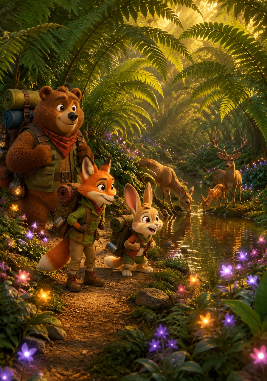 After a quick snack, the group follows a narrow path lined with glowing wildflowers and giant ferns that tower over Milo. They stop to admire a family of deer drinking from a pond, feeling like true explorers in a land of hidden wonders.