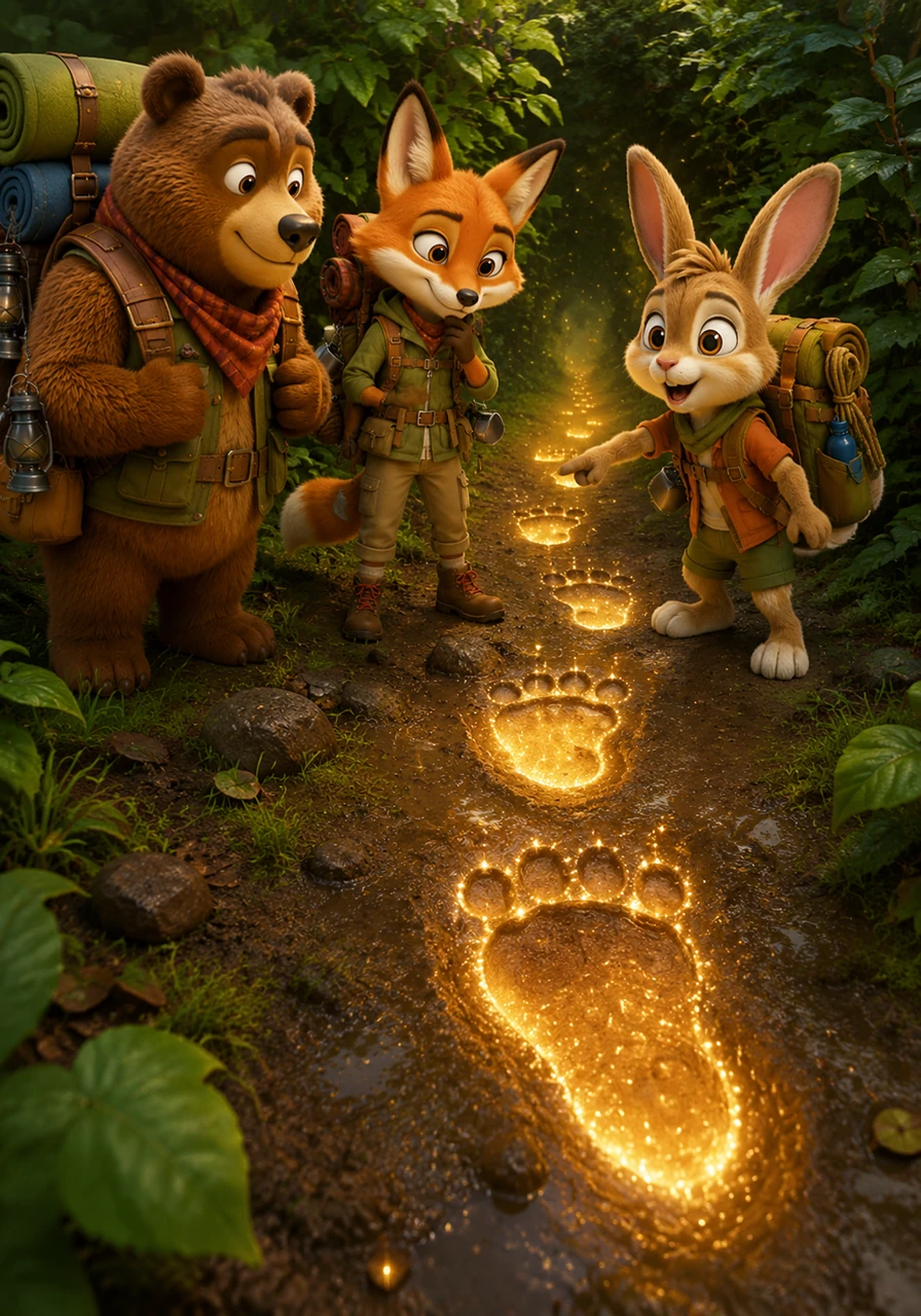 Milo suddenly freezes and points to a set of giant, glowing footprints leading deep into a thicket of mysterious bushes. The friends huddle together in a circle, wondering what kind of magical creature could have left such sparkling marks behind in the soft mud.