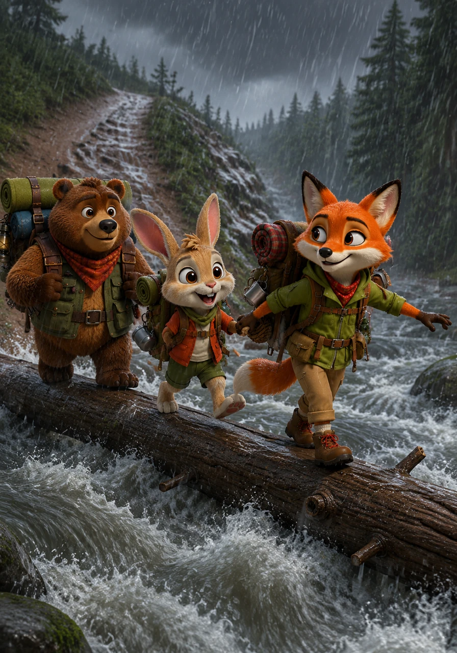 A sudden summer rainstorm turns the trail into a slippery slide, and a small stream they need to cross becomes a rushing river. Benny holds Milo’s hand firmly while Lucy uses her cleverness to find a fallen log that serves as a safe, sturdy bridge for everyone to cross.