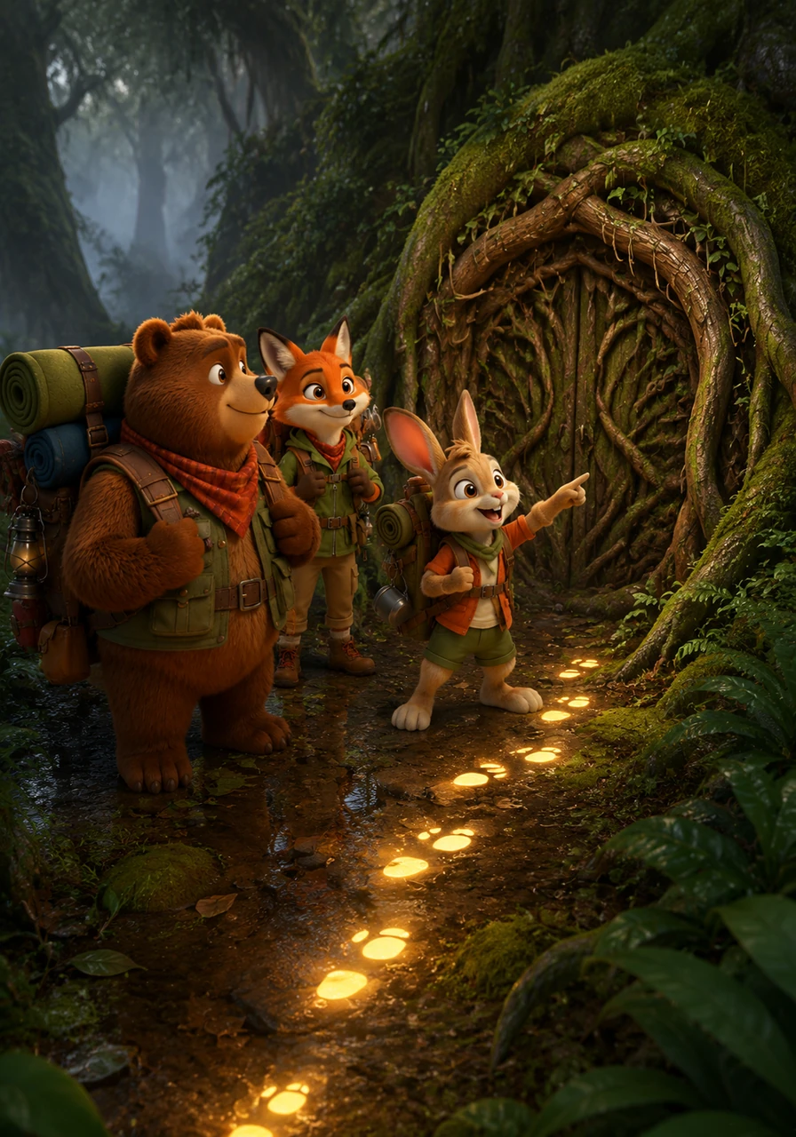 Following the glowing tracks through the damp, misty forest, Olive uses her keen eyes to spot a hidden door made of tangled roots and moss. They realize the tracks weren't from a monster, but a trail left intentionally to guide friends to a very special place.