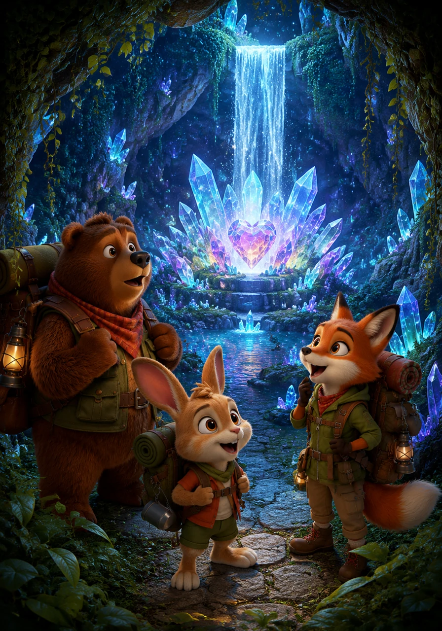 They push through the heavy ivy to find a hidden grotto filled with shimmering crystals and a waterfall that glows like liquid moonlight. The friends gasp in awe, realizing they have discovered the legendary Heart of the Forest, a place of pure natural magic.