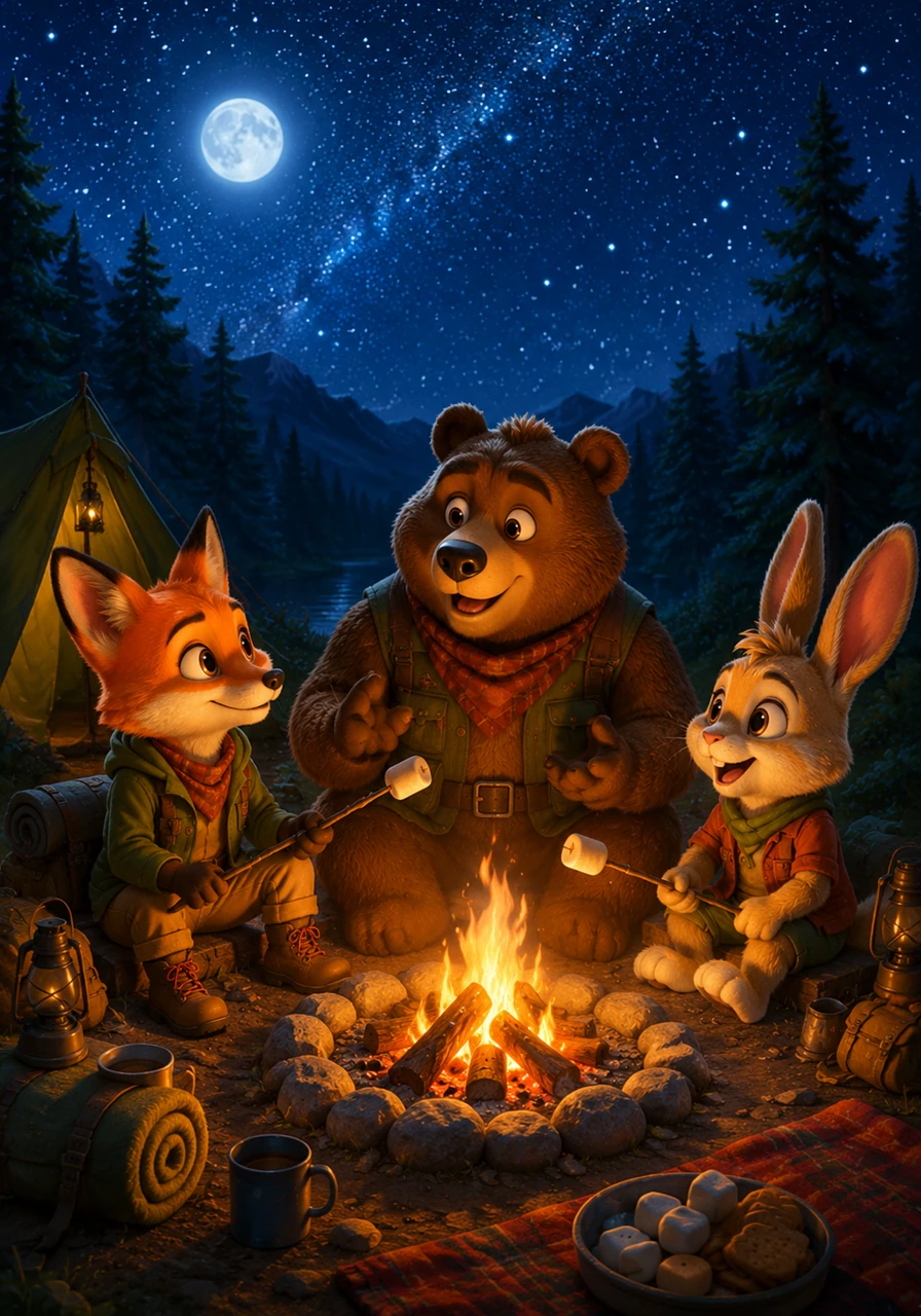 Back at their campsite, the rain has cleared to reveal a vast sky full of twinkling stars and a bright silver moon. They sit around a crackling campfire, roasting marshmallows and sharing stories about their brave deeds and the magical cave they found together.