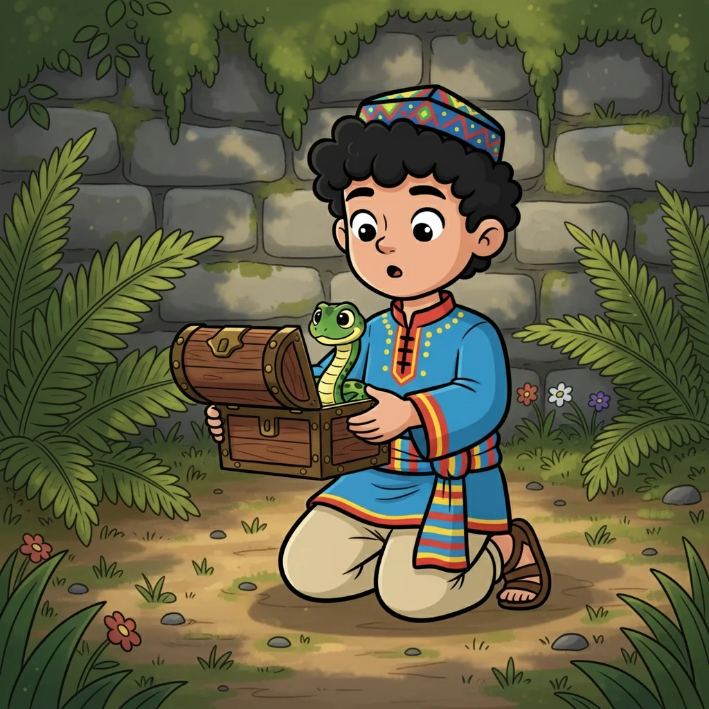 Curious, Alim pushed the stone aside. Underneath, he found a small, ornate wooden box! He carefully opened it, eager to see what was inside. Illustration: Alim opens a small box, revealing a snake coiled inside.