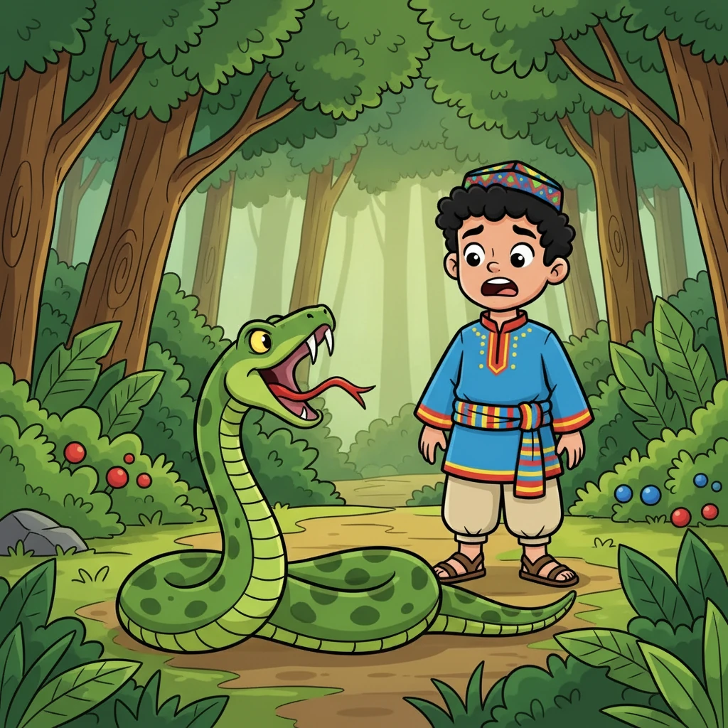 Out slithered a long, green snake! It hissed at Alim, its fangs bared. “I will bite you!” the snake hissed. Illustration: The snake hisses, its tongue flicking out, facing a surprised Alim.