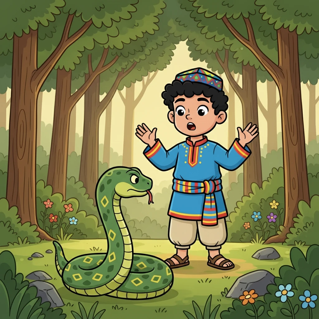 Alim was frightened, but he was also brave. “Wait!” he cried. “I saved you! Is that how you repay kindness?” Illustration: Alim looks at the snake, raising his hands in surprise and disbelief.