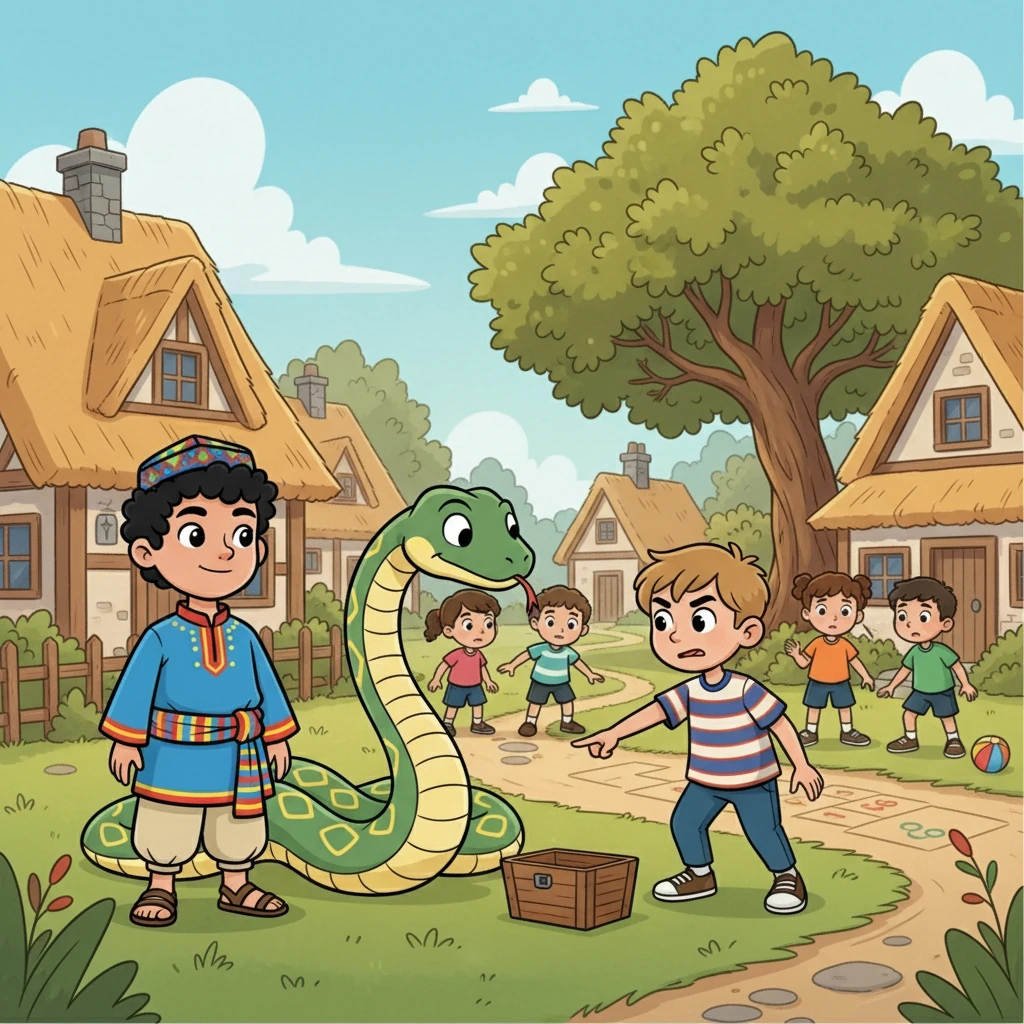 Alim and the snake came upon a group of children playing. Seeing Alim in danger, a clever boy stepped forward. He asked the snake, “How could such a big snake fit in such a small box?” Illustration: A clever boy points at the small box, looking at the snake.