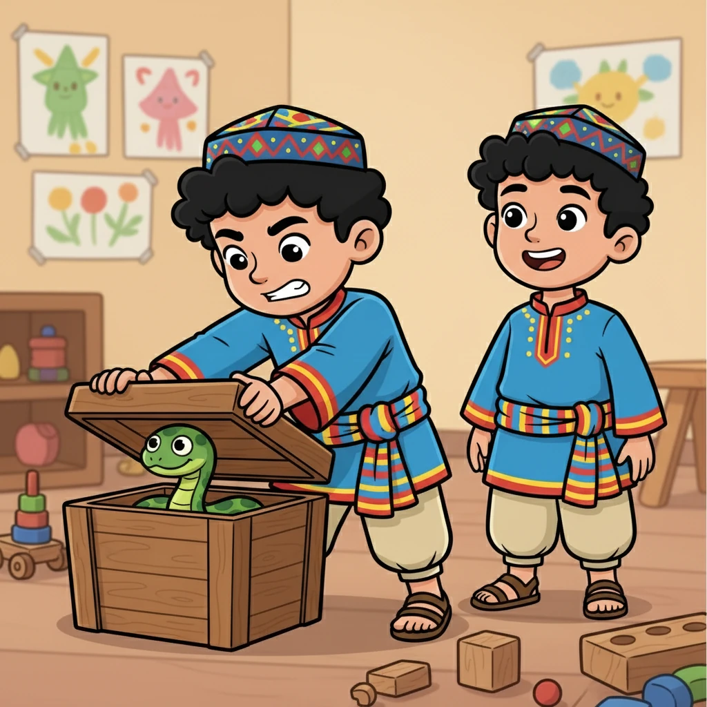 The snake, wanting to prove it could fit, slithered back into the box! The boy quickly slammed the lid shut. Alim was safe! Illustration: The boy is closing the box with the snake inside, while Alim watches in relief.