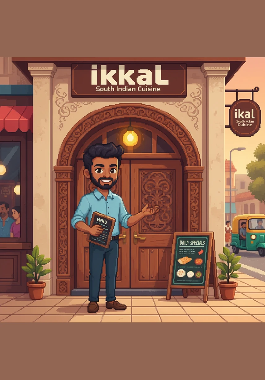Ishan stands proudly in front of ikkaL Restaurant in the bustling heart of Palarivattom, where the morning sun paints the streets in shades of gold. The air is filled with the promise of delicious aromas and the friendly hum of the city waking up as he opens the doors for the day.