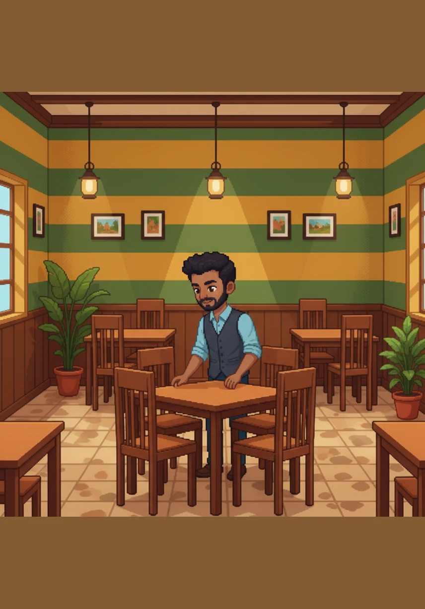 Inside the restaurant, the walls glow with warm mango gold and deep Kerala green, creating a space that feels both modern and deeply rooted in tradition. Ishan carefully arranges the wooden tables, ensuring every corner reflects the welcoming and relaxed spirit of Kochi hospitality.