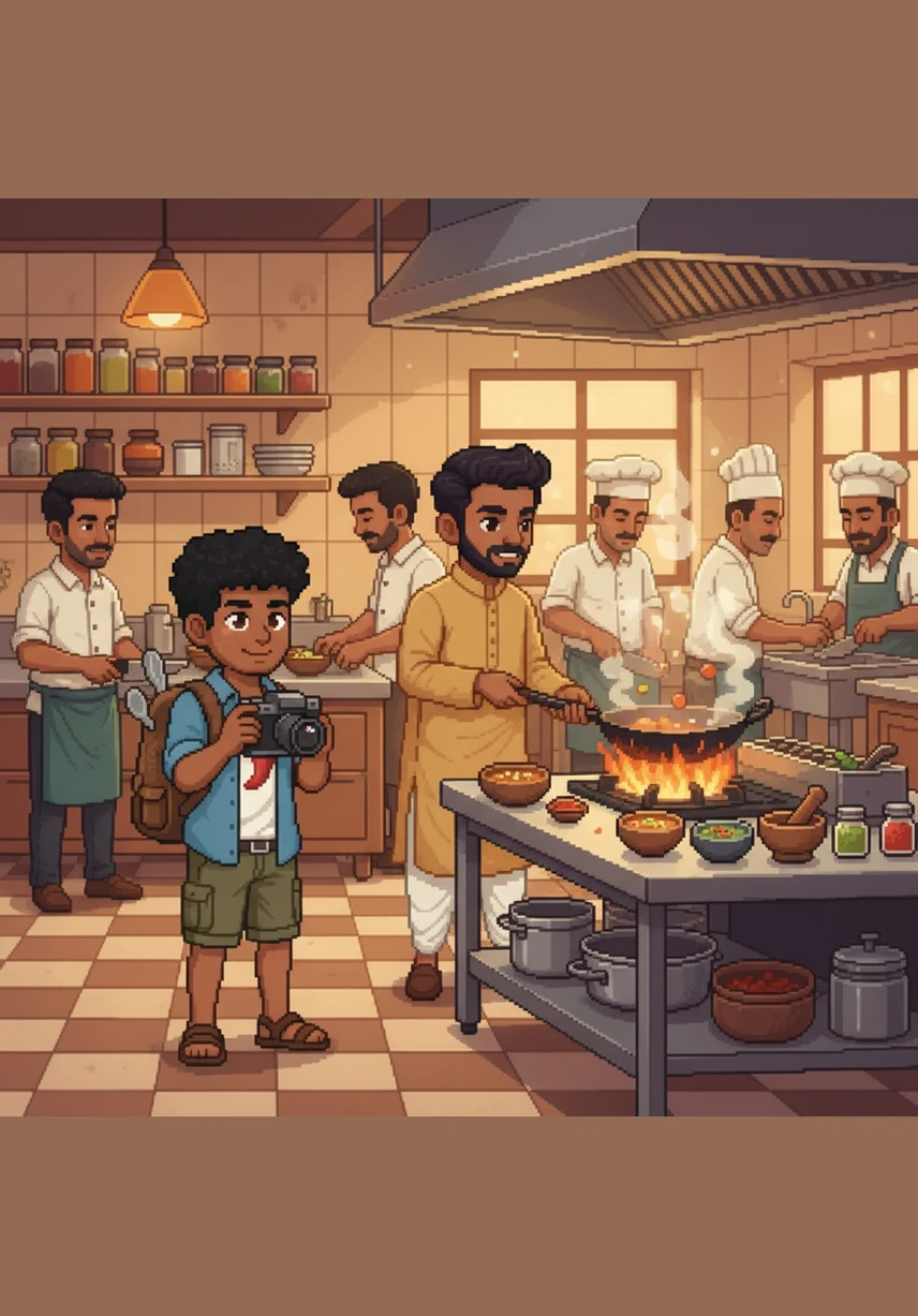 In the kitchen, Ishan tosses a blend of secret spices into a large steaming pot, where the signature Chicken Biriyani begins to simmer and release its fragrant magic. Every ingredient is chosen with care, bringing the authentic and bold taste of the Kerala coast to the heart of the busy city.