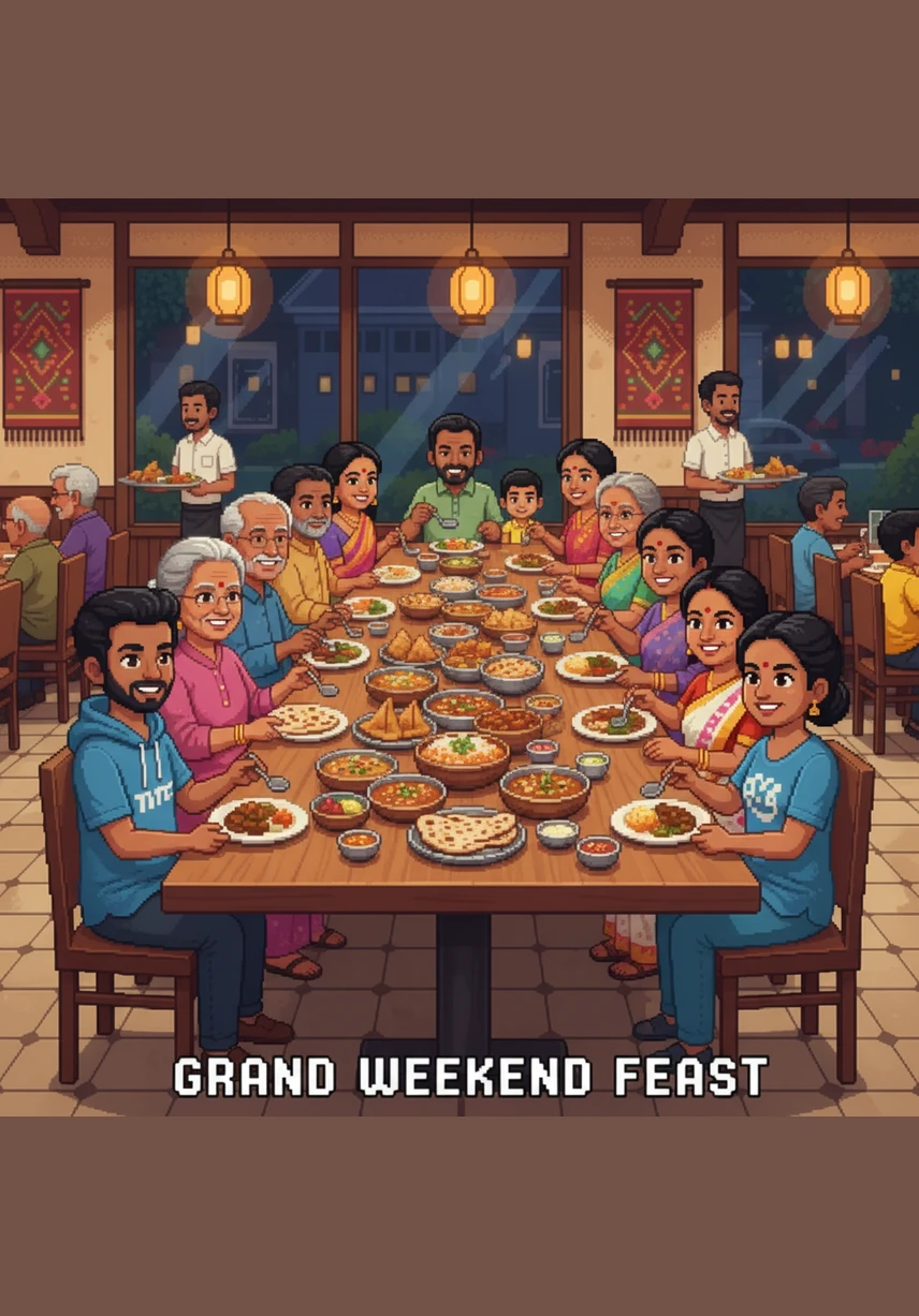 A large family takes their seat at a long wooden table, their faces lighting up with excitement as they prepare to share a weekend feast together. The restaurant fills with the sound of children's laughter and the happy clinking of plates as the first colorful starters arrive.