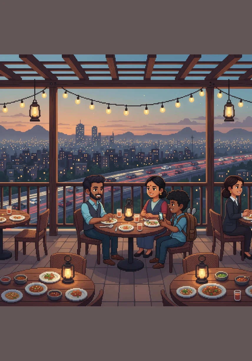 As evening falls, the highway-view seating becomes the perfect spot to watch the city lights flicker while enjoying a quiet and relaxing dinner. The cool breeze and warm, soft lighting create a peaceful sanctuary for friends to gather and talk late into the night.