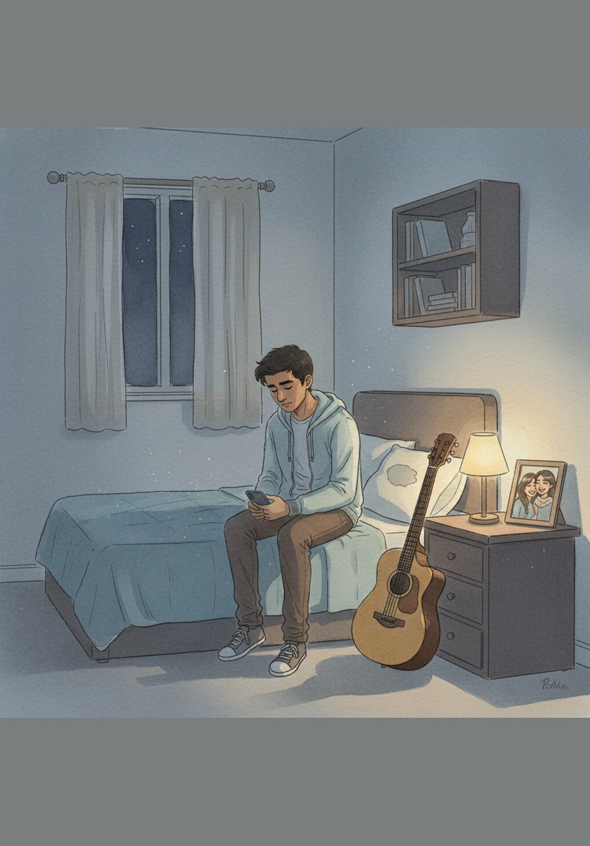 In the dim light of his bedroom, Sachin sits quietly, keeping his heavy thoughts and loneliness hidden from his caring parents. He carries the weight of a brewing storm inside, never letting a single tear fall in the presence of others.
