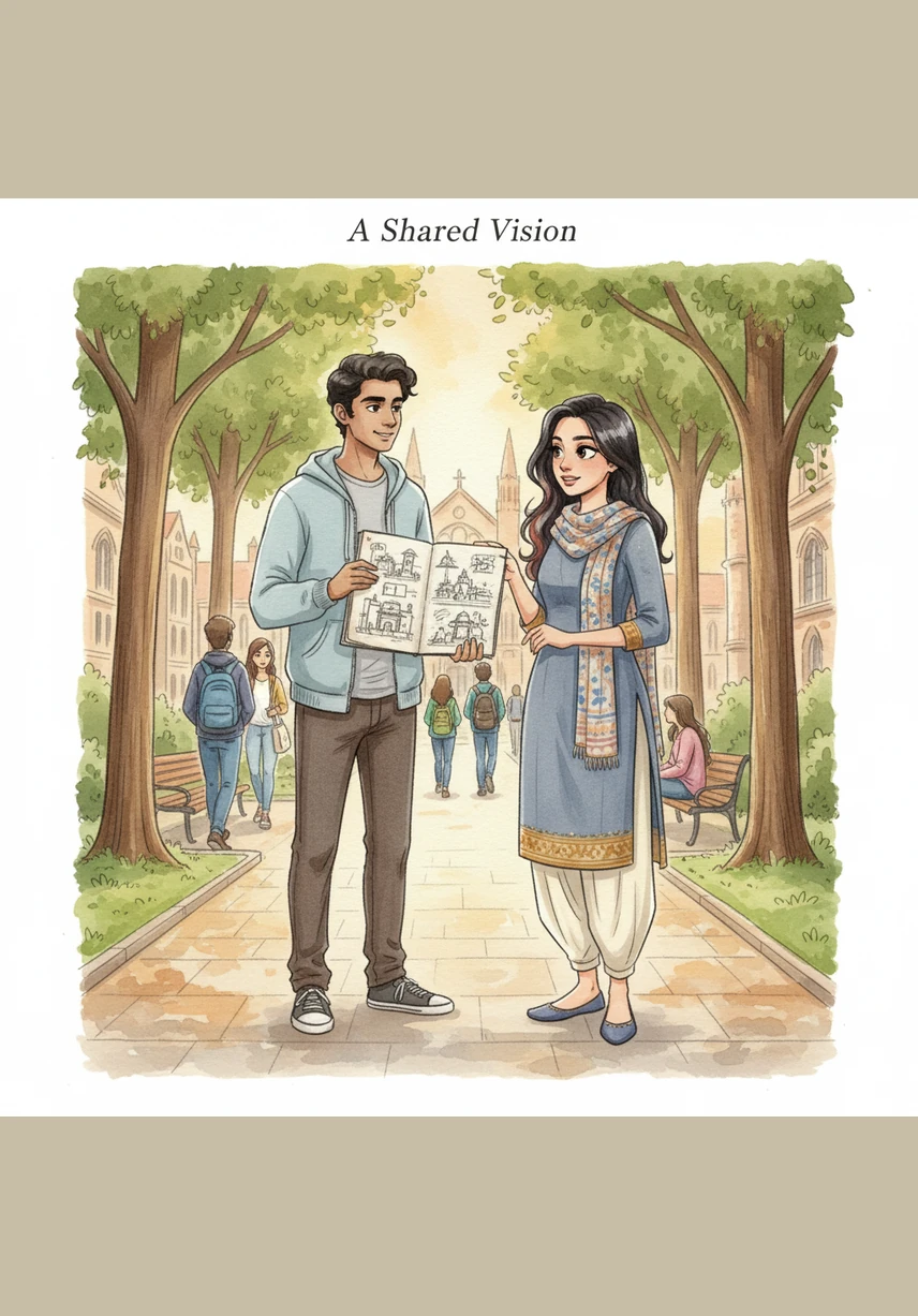 Meera, a spirited student with a curious heart, approaches Sachin as he sits alone on a stone bench. Her presence is a spark of light as she initiates their very first conversation, breaking the long silence of his world.