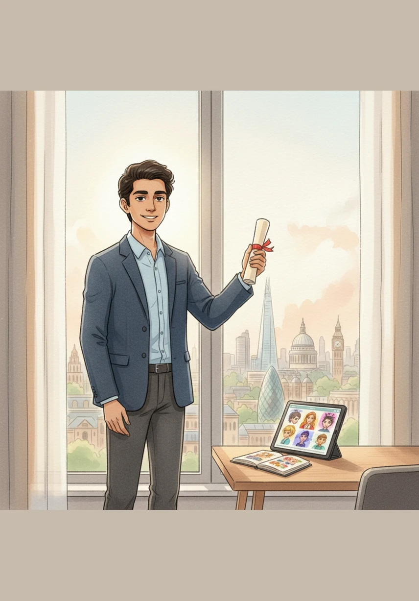 Sachin stands by a window overlooking the iconic skyline of London, holding his Master’s degree in Direct Animation. He has turned his inner silence into a powerful tool for storytelling, capturing the world's imagination through his art.