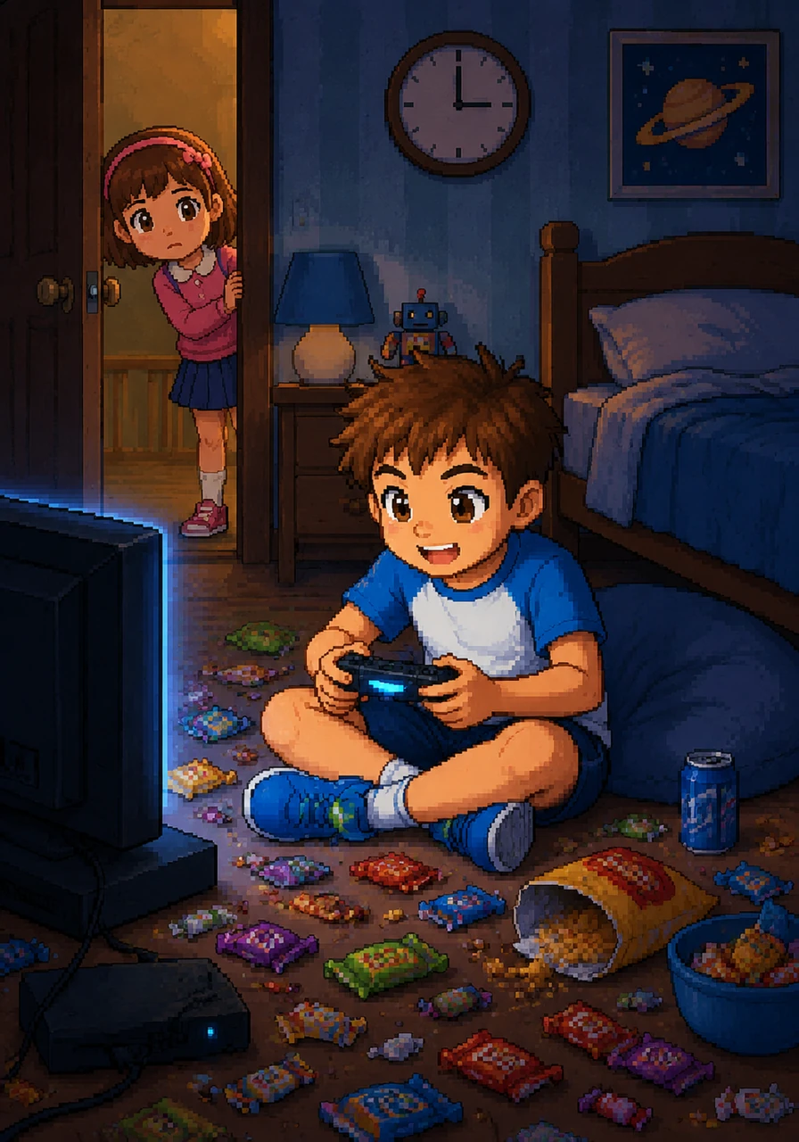 Little Tom sits on his bedroom floor surrounded by colorful candy wrappers and glowing screens. He stays up late into the night, focused on his video games while ignoring the ticking clock on the wall.
