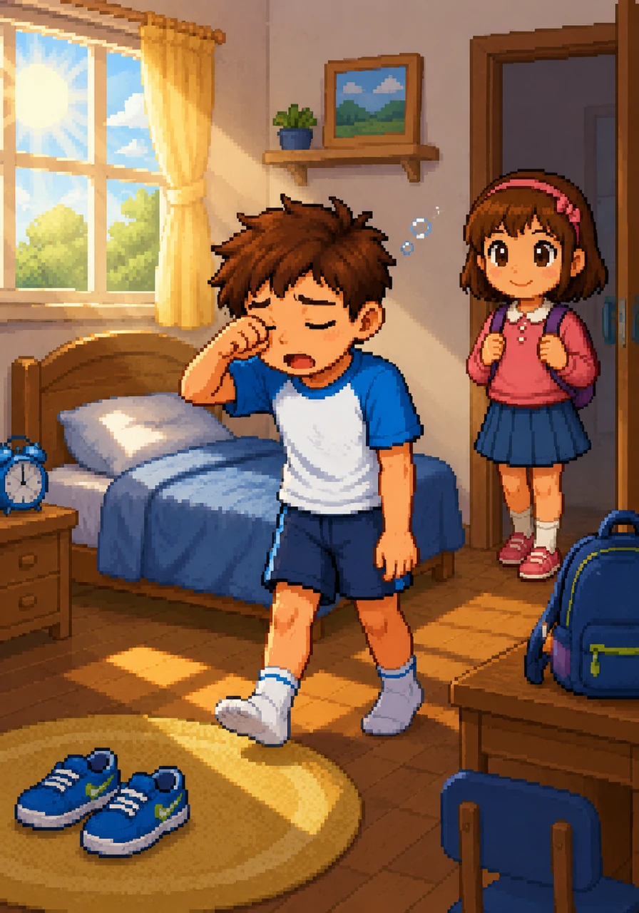 The morning sun shines brightly through the window, but Tom finds it very hard to open his eyes. He feels heavy and exhausted, dragging his feet as he slowly gets ready for his day at school.
