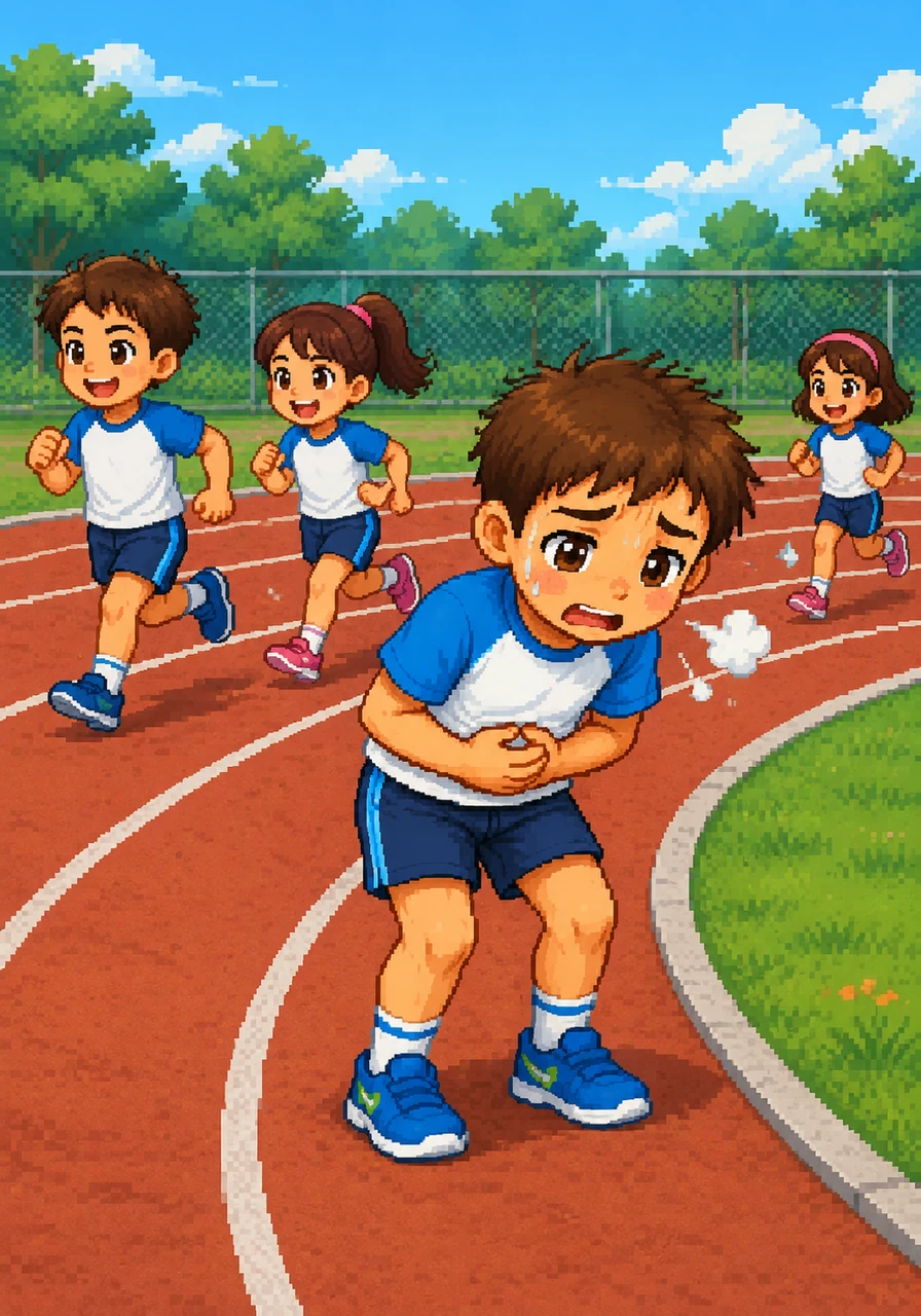During gym class, Tom struggles to keep up with his classmates on the running track. He has to stop and catch his breath, clutching his stomach with a look of discomfort and sadness.