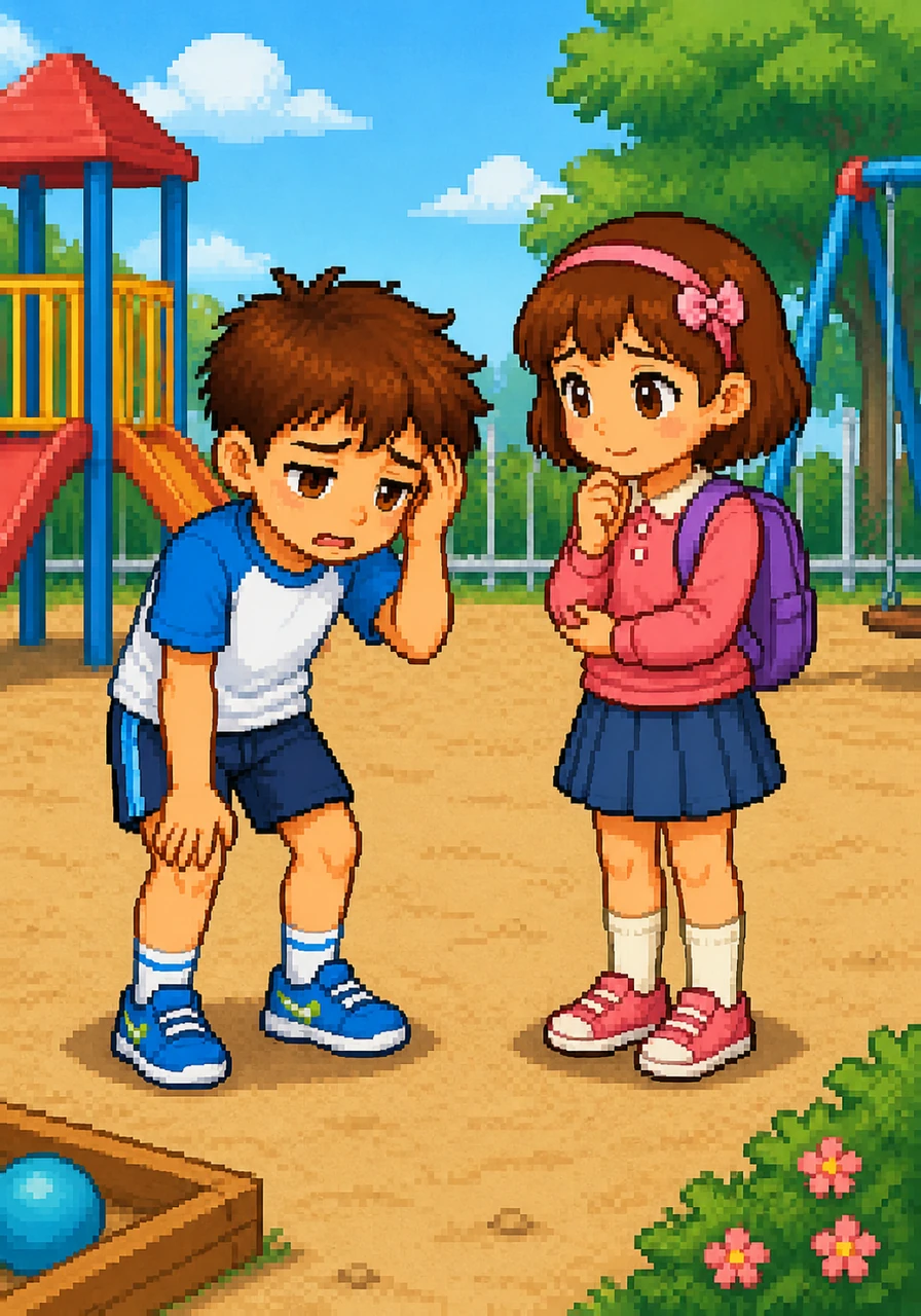 His friend Lily approaches him on the playground, noticing his tired expression and lack of energy. She listens kindly as Tom explains that he skipped breakfast and only ate sweets the night before.