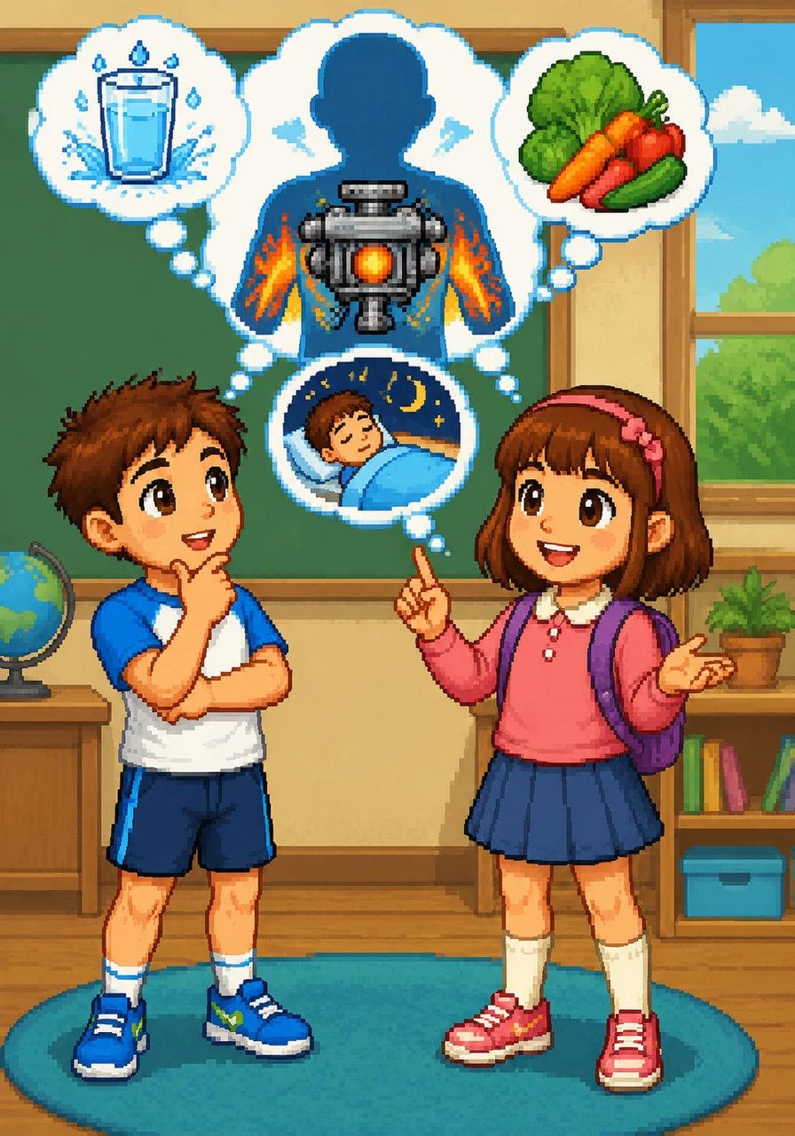 Lily smiles and explains how our bodies are like engines that need the right fuel to run properly. She tells Tom that fresh water, crunchy vegetables, and plenty of sleep are the secrets to feeling great.