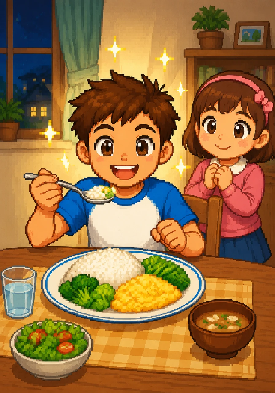 That evening, Tom decides to make a big change and sits down to a plate filled with fluffy rice, bright green vegetables, and eggs. He discovers that real food tastes delicious and makes him feel much better than candy ever did.