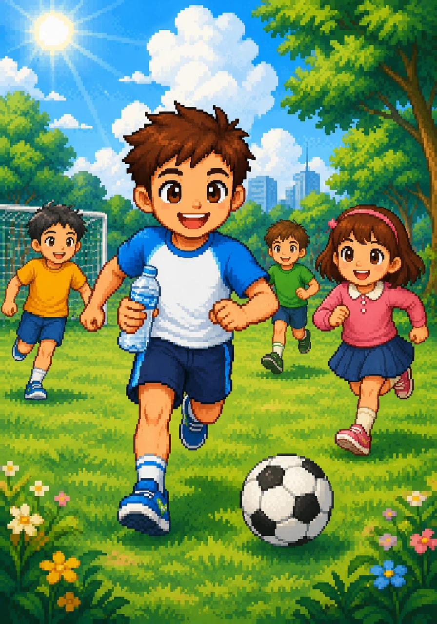 Under the warm afternoon sun, Tom joins his friends for an exciting game of soccer in the park. He carries a bottle of cool water and runs across the grass with a newfound sense of strength and speed.