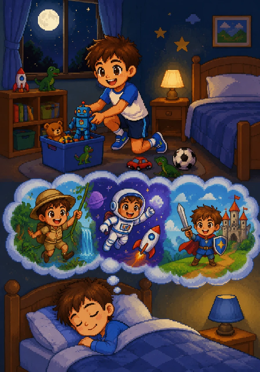 When the moon rises, Tom puts away his toys and climbs into his cozy bed at a much earlier hour. He drifts off into a deep, peaceful sleep, dreaming of all the fun adventures he will have tomorrow.