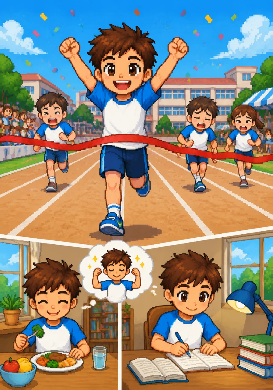 A few weeks later, Tom is the first one to reach the finish line during the school race, his face beaming with joy. He finds it easier to study his books and realizes he hasn't felt sick or tired in a long time.
