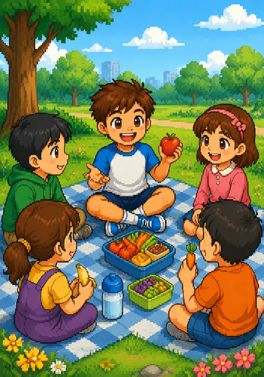 Tom sits with a group of friends, sharing his healthy snacks and telling them how much fun it is to be strong and active. He feels proud to know that taking care of his body is the best way to live a happy life.