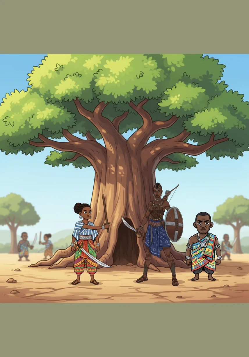 À l'ombre d'un baobab millénaire, elle s'exerce au maniement du sabre et du mousquet avec une précision redoutable. Chaque mouvement est une danse guerrière, alliant la grâce de la gazelle à la puissance du léopard.