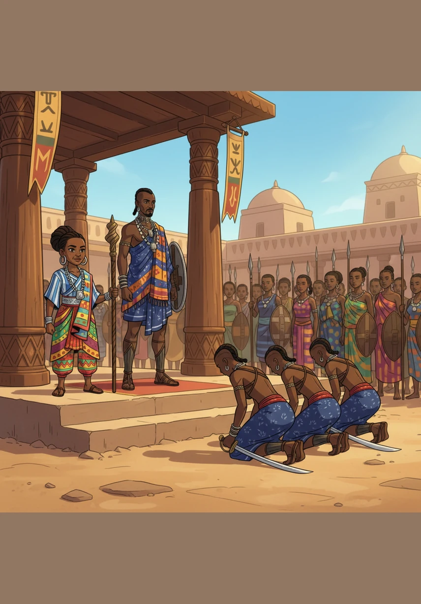 Nanisca reçoit sa tenue officielle, une tunique rayée bleue et blanche, et son propre sabre d'acier étincelant. Elle n'est plus une simple apprentie, elle est devenue une protectrice officielle, une mère de la nation.