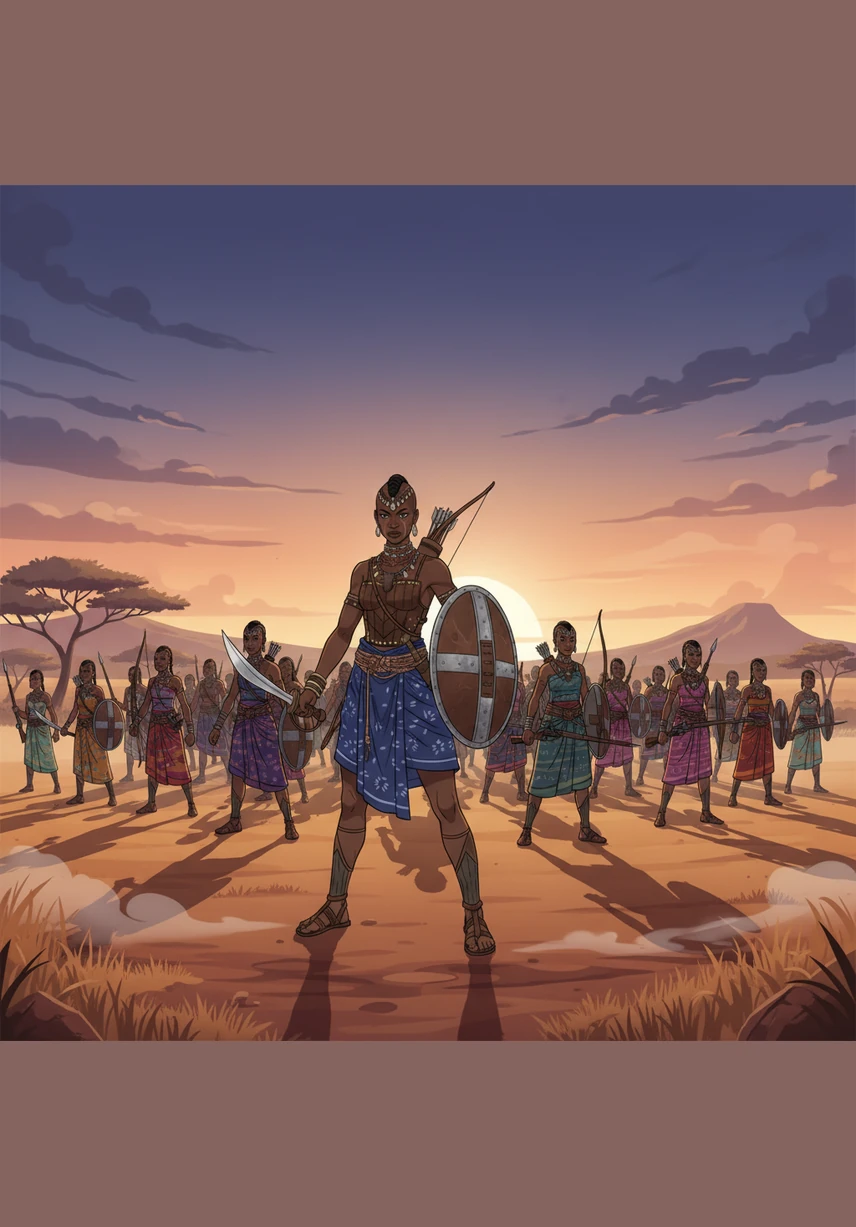 À l'aube, l'armée des Amazones se met en marche à travers les hautes herbes de la savane, le regard fixé vers l'horizon. Leur discipline est absolue et leur marche silencieuse impose le respect à tous ceux qui les croisent.