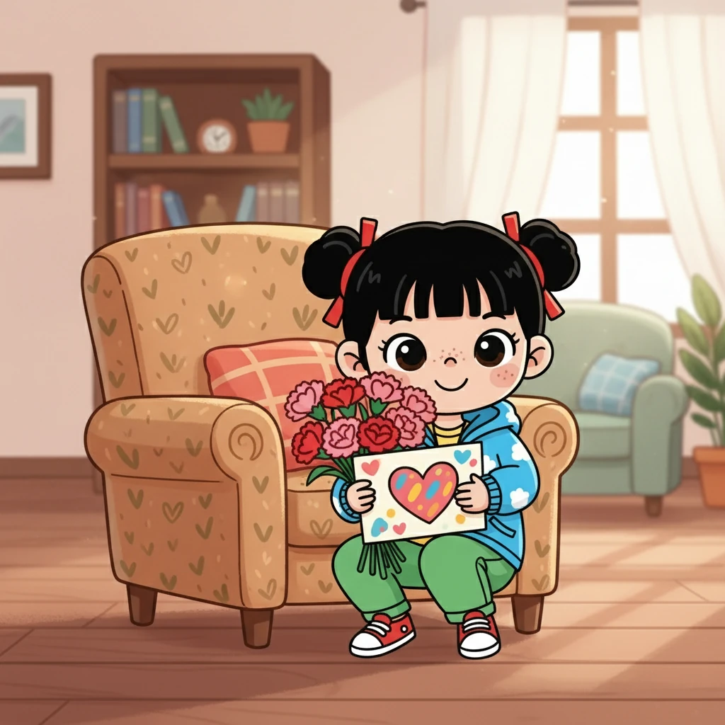 周末，小雨和爸爸一起逛街，为妈妈挑选礼物。 他们选了一束漂亮的康乃馨，还买了一张心意满满的贺卡。 回到家后，小雨偷偷地把礼物藏起来，准备给妈妈一个惊喜。