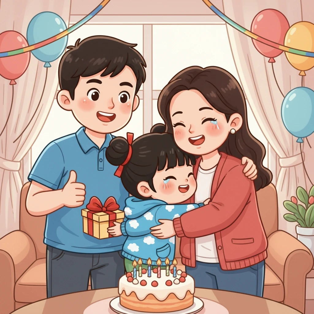 在妈妈生日那天，小雨把礼物送给妈妈。 妈妈看到礼物，感动地抱住了小雨。 小雨告诉妈妈，她会一直支持她，一起度过难关。 爸爸也笑着说，他们一家人会永远在一起，互相帮助。