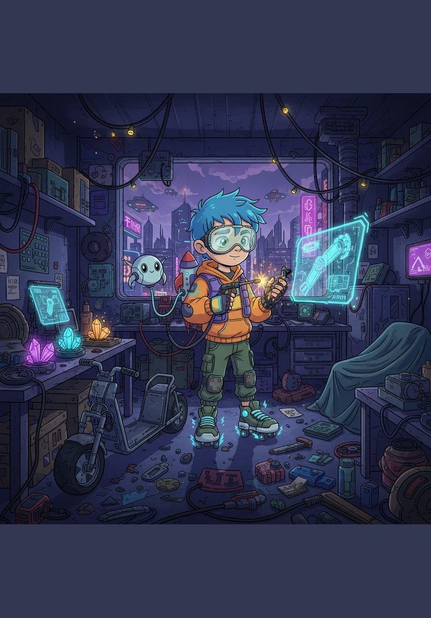 Mobo stood in the center of his workshop, surrounded by floating blueprints and glowing gears that hummed with unfinished ideas. The air was filled with the soft static of creative energy, but everything was in a bit of a mess, with papers flying everywhere.