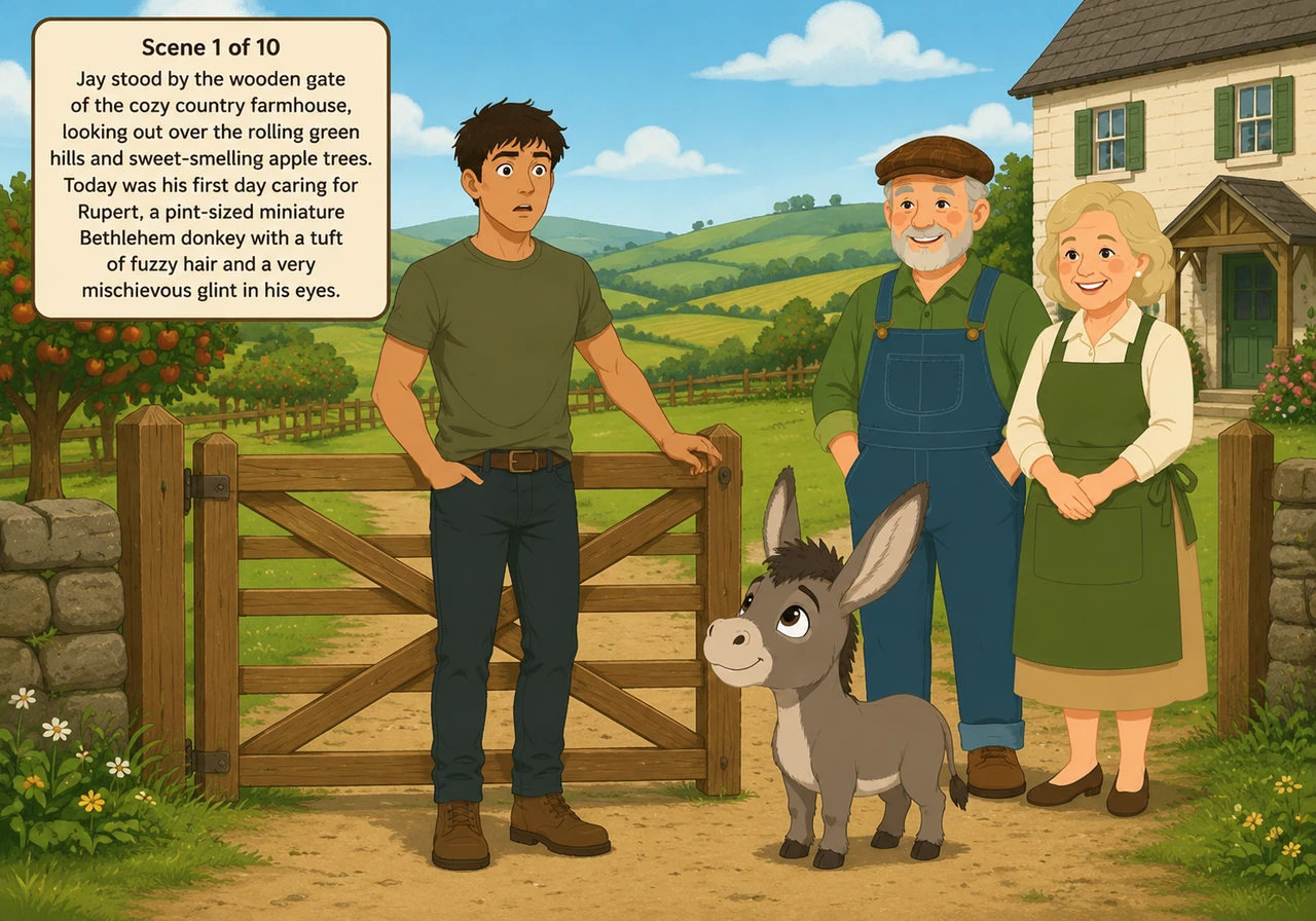 Jay stood by the wooden gate of the cozy country farmhouse, looking out over the rolling green hills and sweet-smelling apple trees. Today was his fir