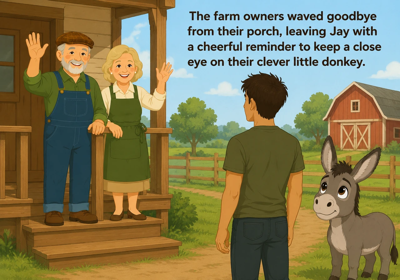 The farm owners, a warm-hearted sixty-year-old couple, waved goodbye from their porch before leaving for the day. The husband adjusted his classic pla